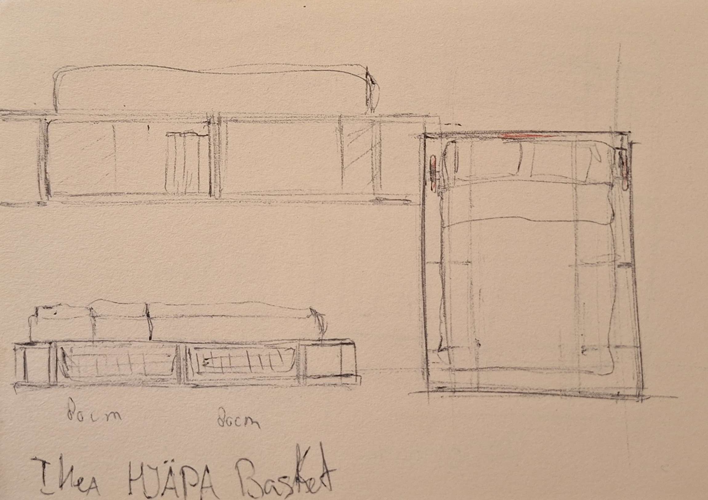 Side-view sketches comparing storage basket dimensions and the frame with mattress